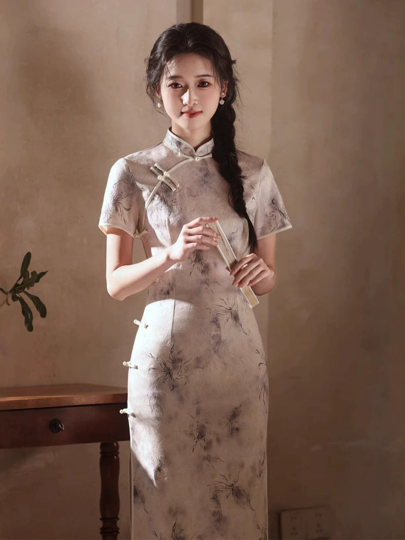 Ink-Wash Short-Sleeve Slim Qipao Dress