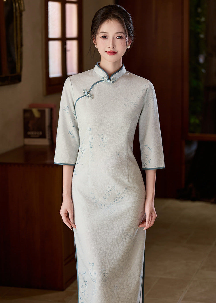 Ice-Blue Jacquard Qipao | 3/4 Sleeve Slim Long Dress