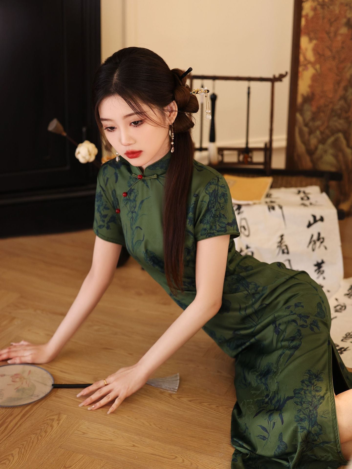 Summer Green Jacquard Qipao | Cap-Sleeve Long Vintage Dress