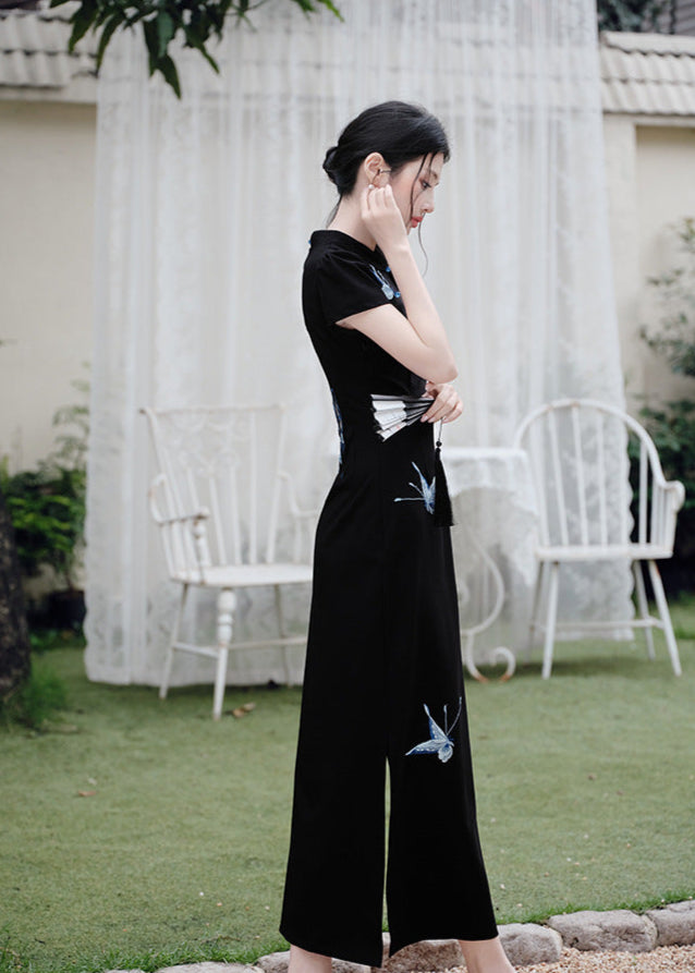 Black Butterfly Embroidered Slim Long Qipao | Side Slit