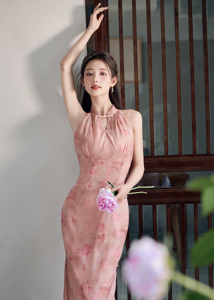 Chinese Style Pink Gradient Halter Cold-Shoulder Qipao Dress
