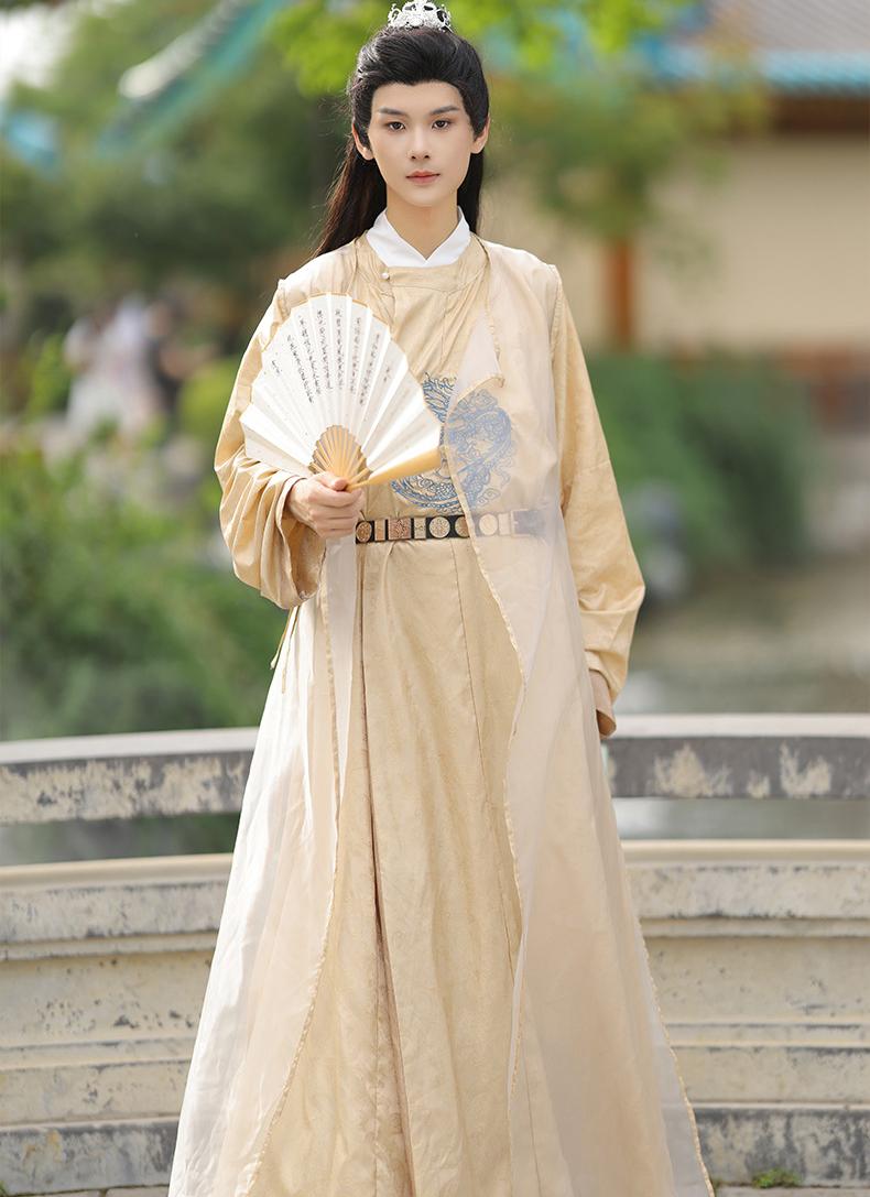 Men's Traditional Chinese Hanfu Robe – Golden Imperial Style Long Gown with Dragon Embroidery