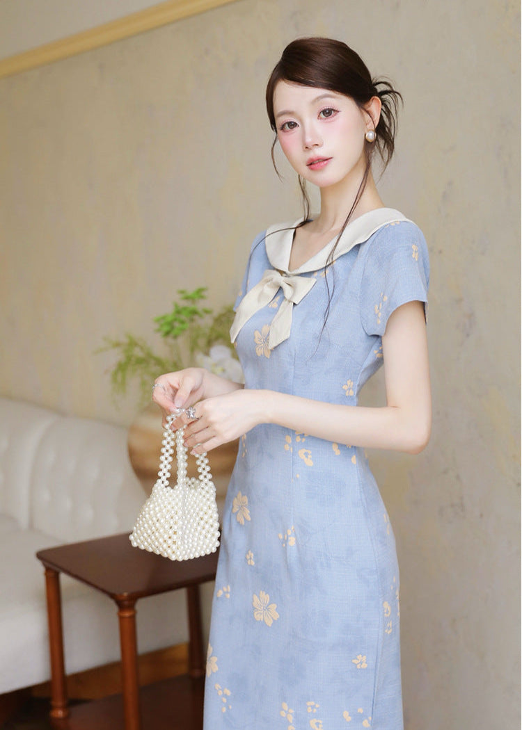 Blue Sailor Bow Qipao Dress | Slim Side-Slit, Retro Chic