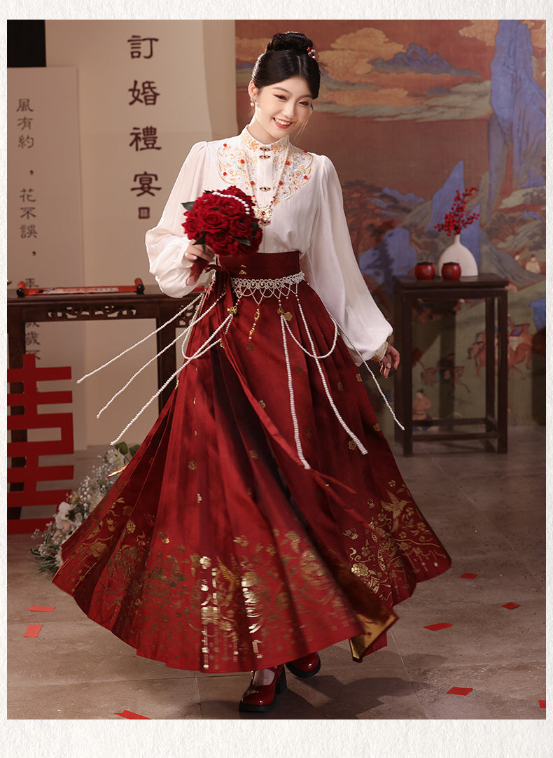 Winter Bridal Embroidered Hanfu Set | Wedding Mamianqun Set with Waist Chain