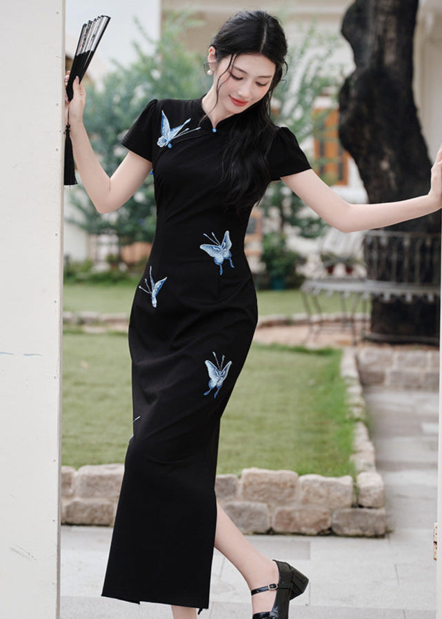 Black Butterfly Embroidered Slim Long Qipao | Side Slit