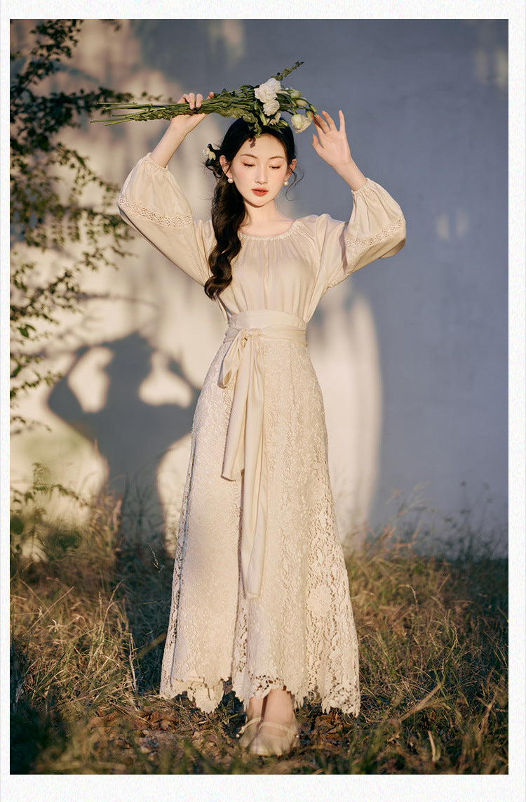 Lace Long Sleeve Dress with Belt, Elegant Women’s Floral Dress