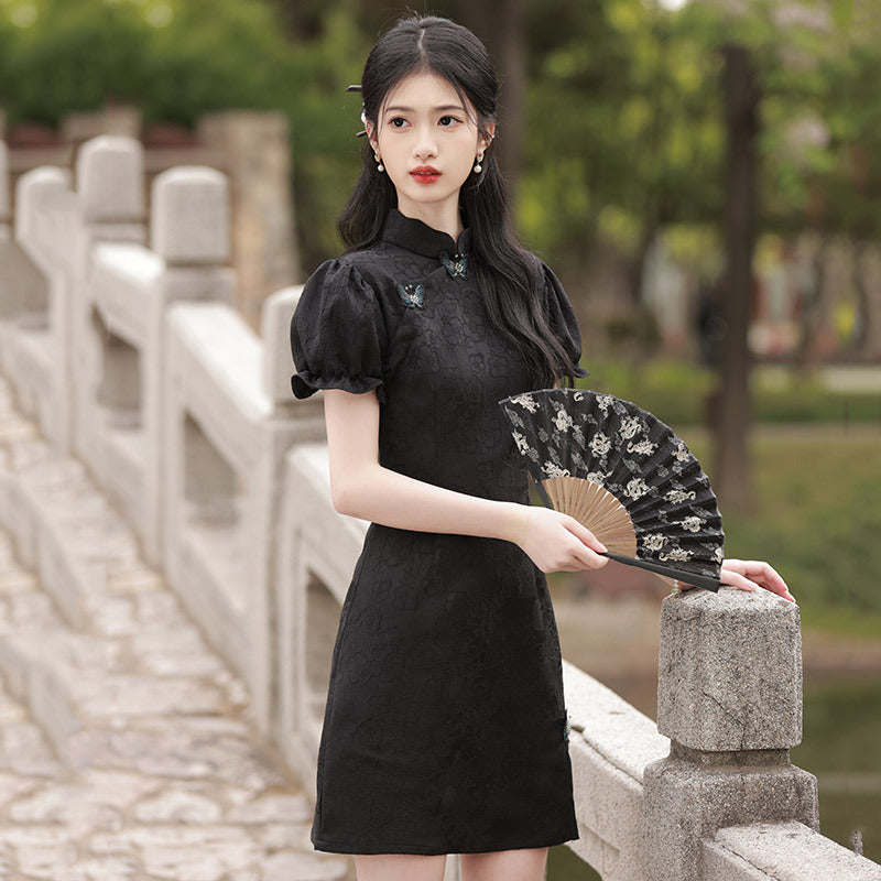Elegant Black Chinese-Inspired Mini Dress with Puff Sleeves for Women