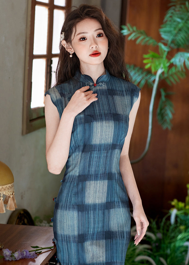 Blue Sleeveless Plaid Qipao Maxi | Vintage Minimal Slim