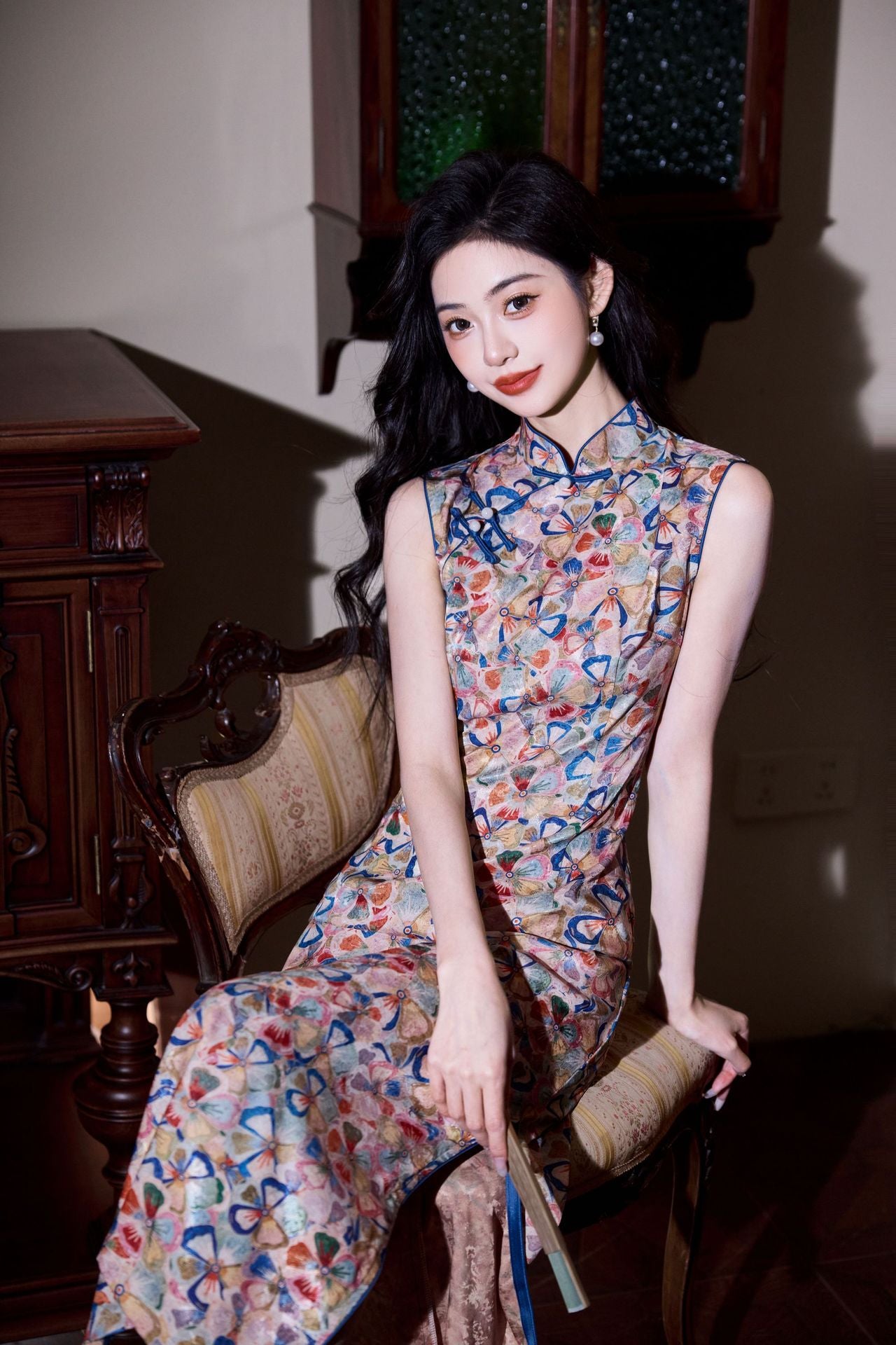 Sleeveless Slim Cheongsam Dress | Artistic Printed Evening Gown