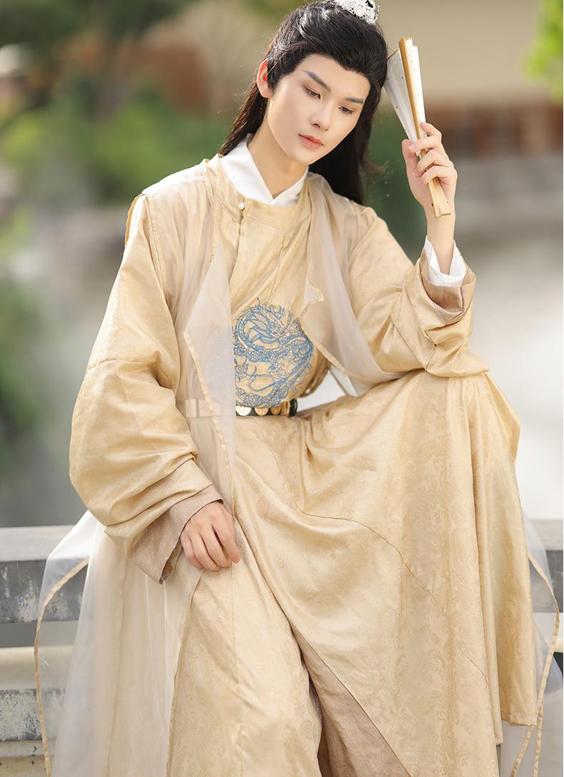 Men's Traditional Chinese Hanfu Robe – Golden Imperial Style Long Gown with Dragon Embroidery