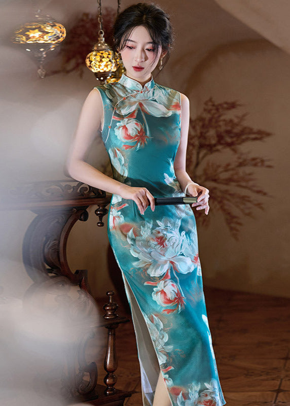 Sleeveless Long Slim Qipao Dress | Summer Ink-Style Floral