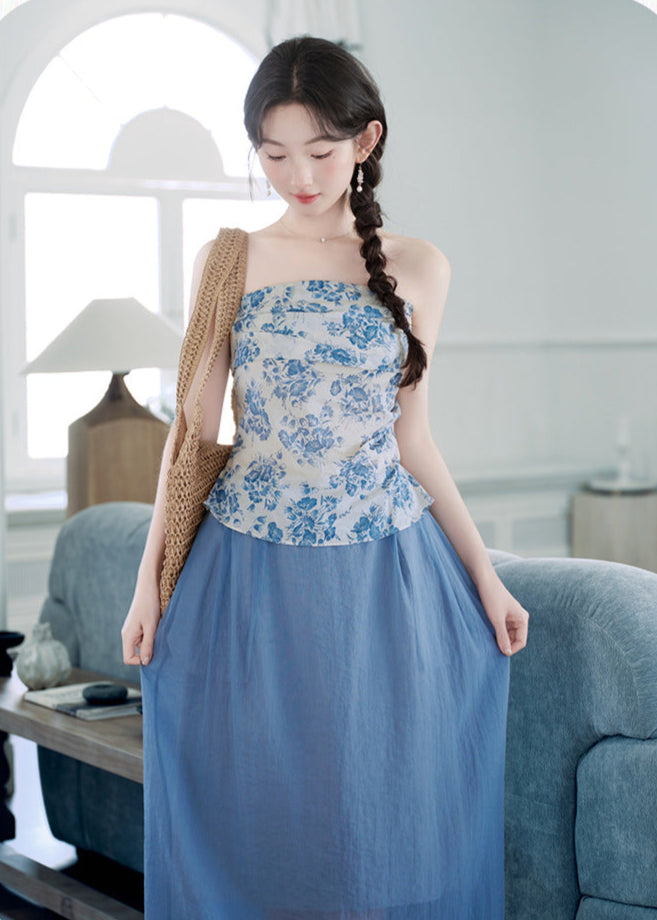 Chinese-Style Blue-and-White Camisole Set | Fresh Blue Sheer Midi Skirt