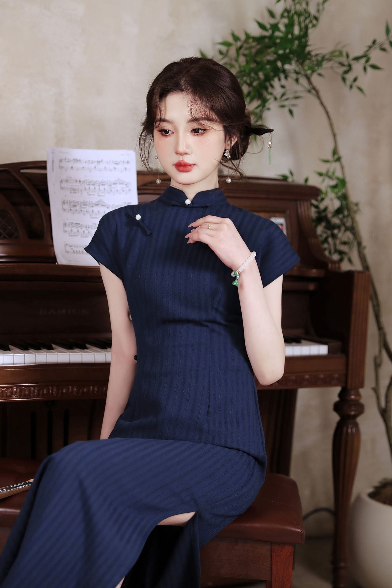 New Chinese Style Vintage Cheongsam Dress | Ribbed Slim Midi Mandarin