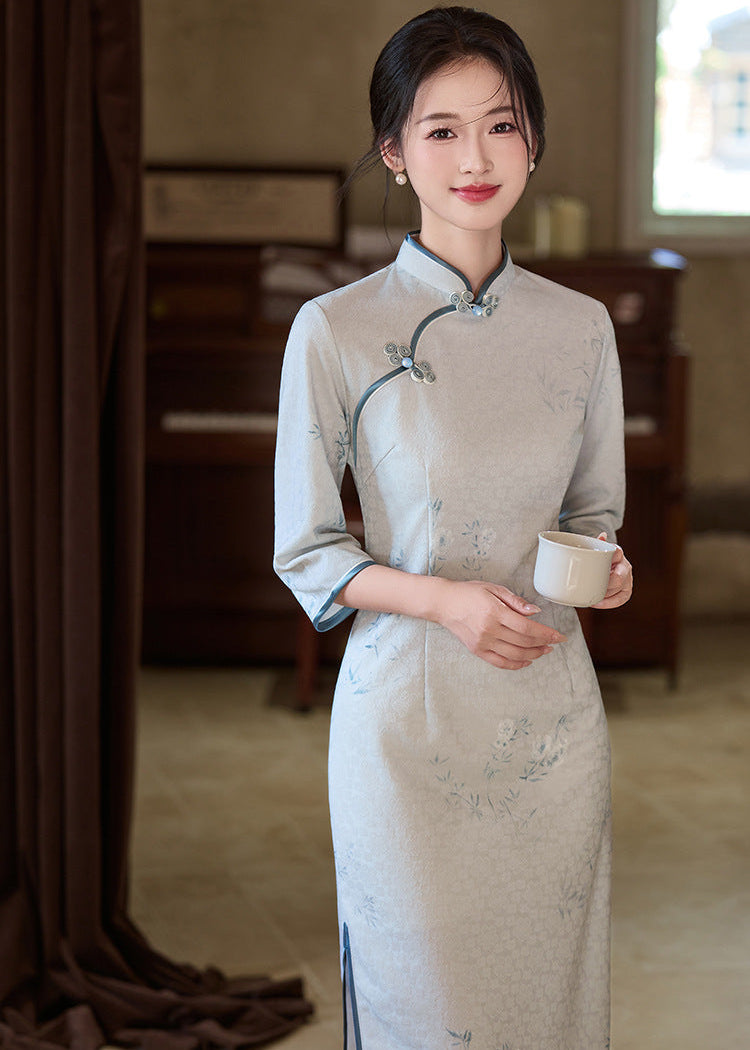 Ice-Blue Jacquard Qipao | 3/4 Sleeve Slim Long Dress