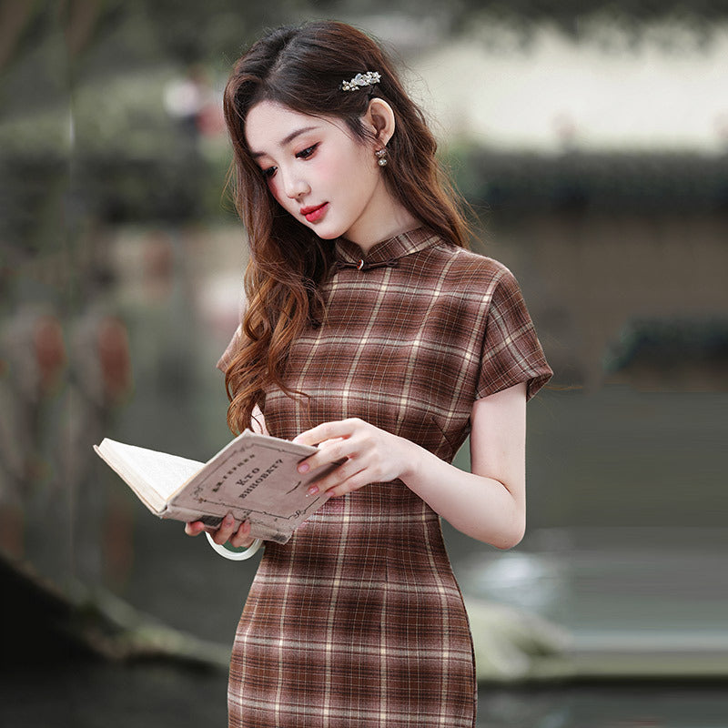 Elegant Plaid Cheongsam Dress Traditional Chinese Qipao for Women