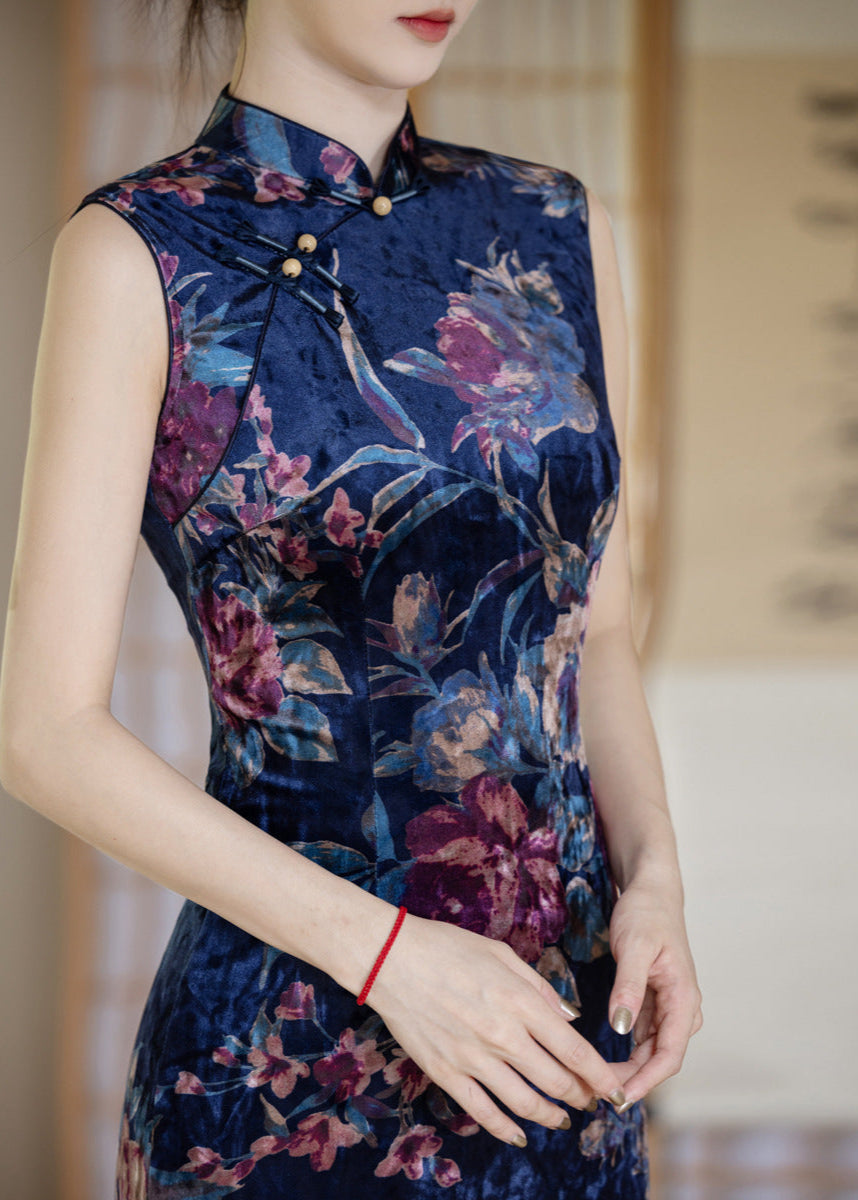 Blue Printed Sleeveless Qipao | Mandarin-Collar Slim Maxi with Side Slit for Banquets & Weddings