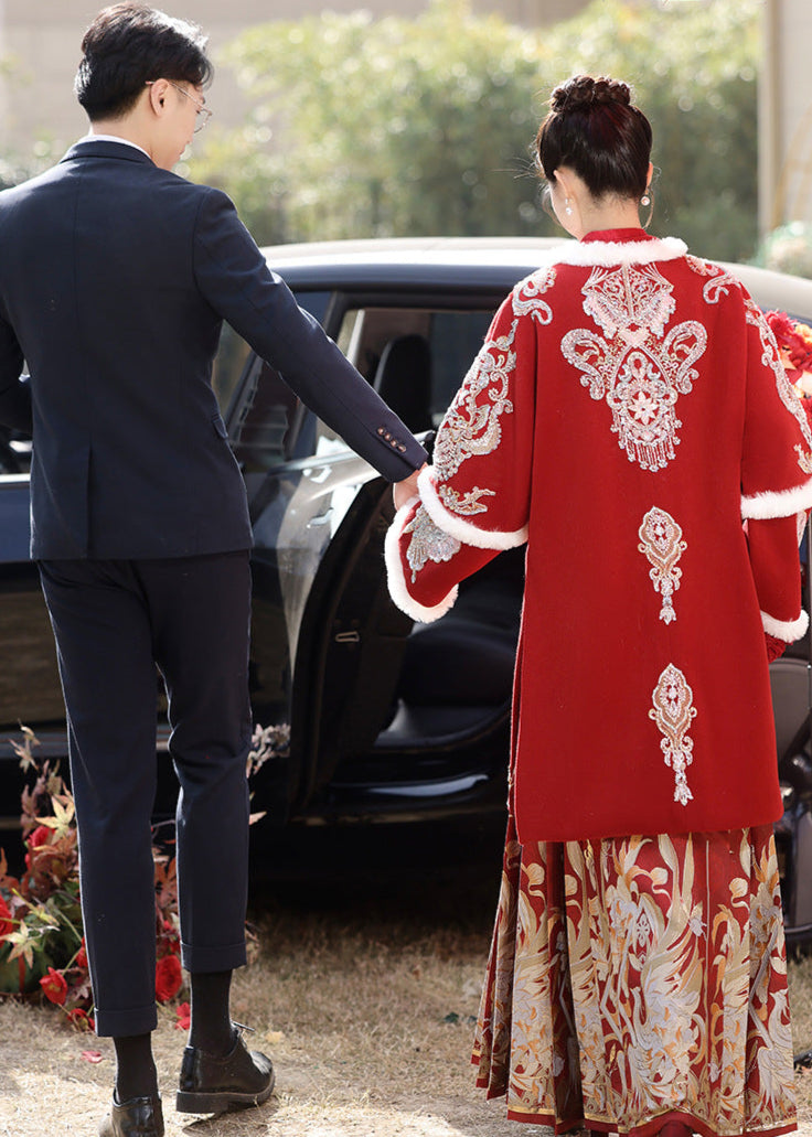 Red Mamianqun Bridal Toast Dress Set | Detachable Warm Cape