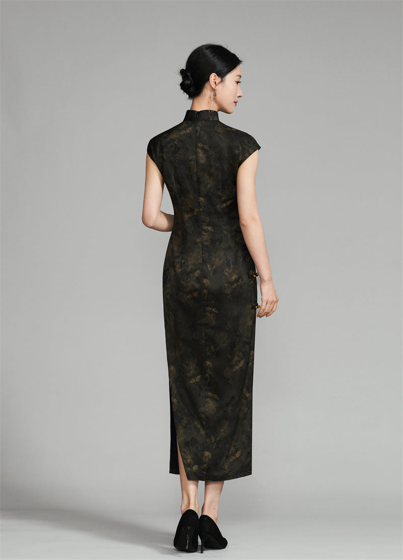Shanghai Vintage Style Jacquard Satin Qipao | Sleeveless Long Cheongsam
