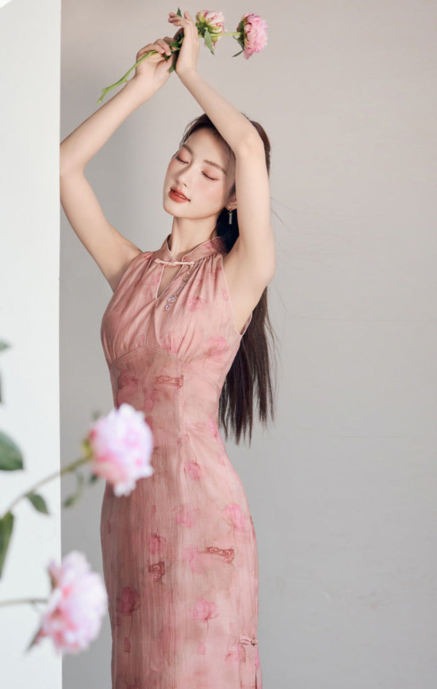 Chinese Style Pink Gradient Halter Cold-Shoulder Qipao Dress