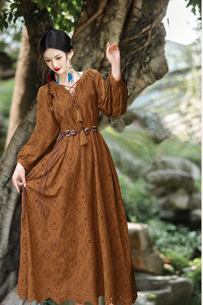 Boho Lace-Up Brown Dress with Long Sleeves