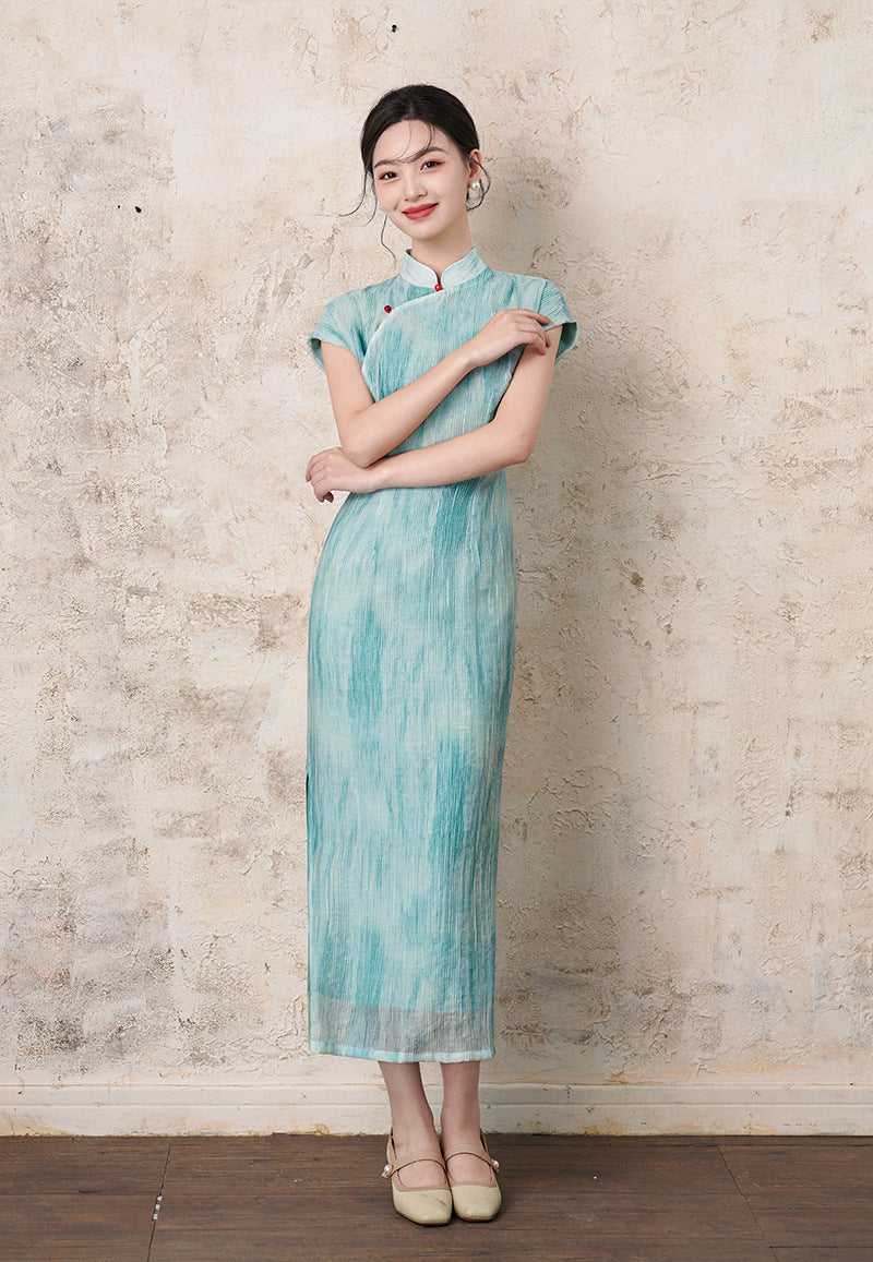 Half-Overlap Long Qipao | Cap-Sleeve Slim Mandarin Dress