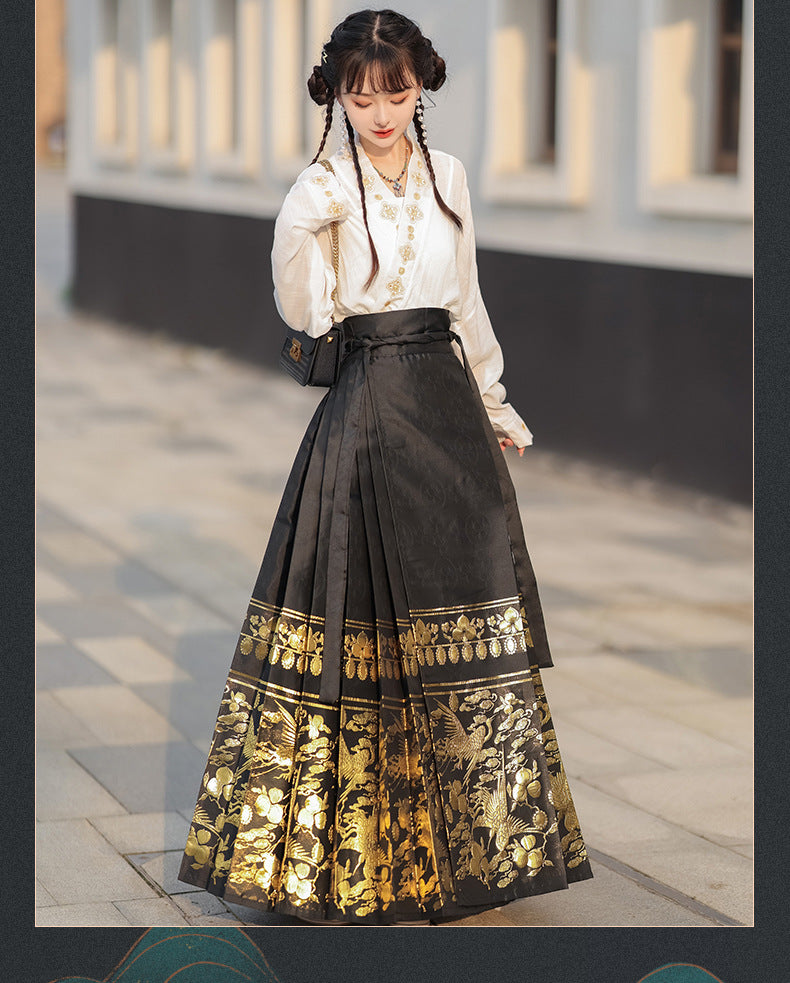 Elegant Black Hanfu Skirt with Golden Embroidery – Traditional Chinese Attire