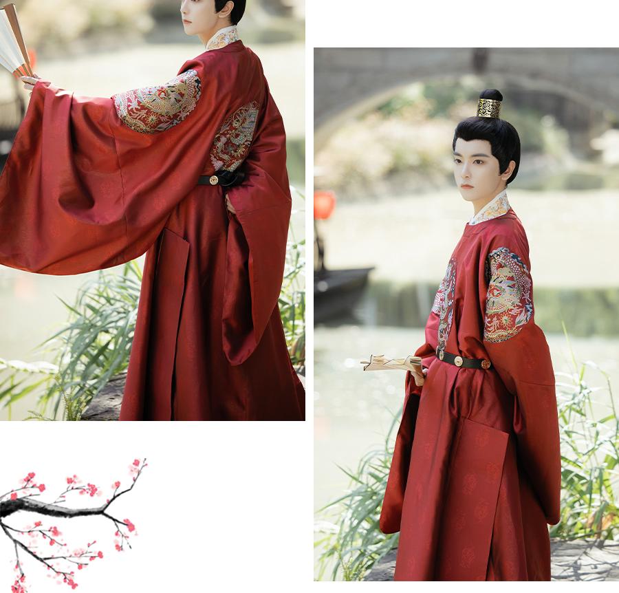 Red Dragon Embroidered Hanfu Robe - Chinese Traditional Costume for Men