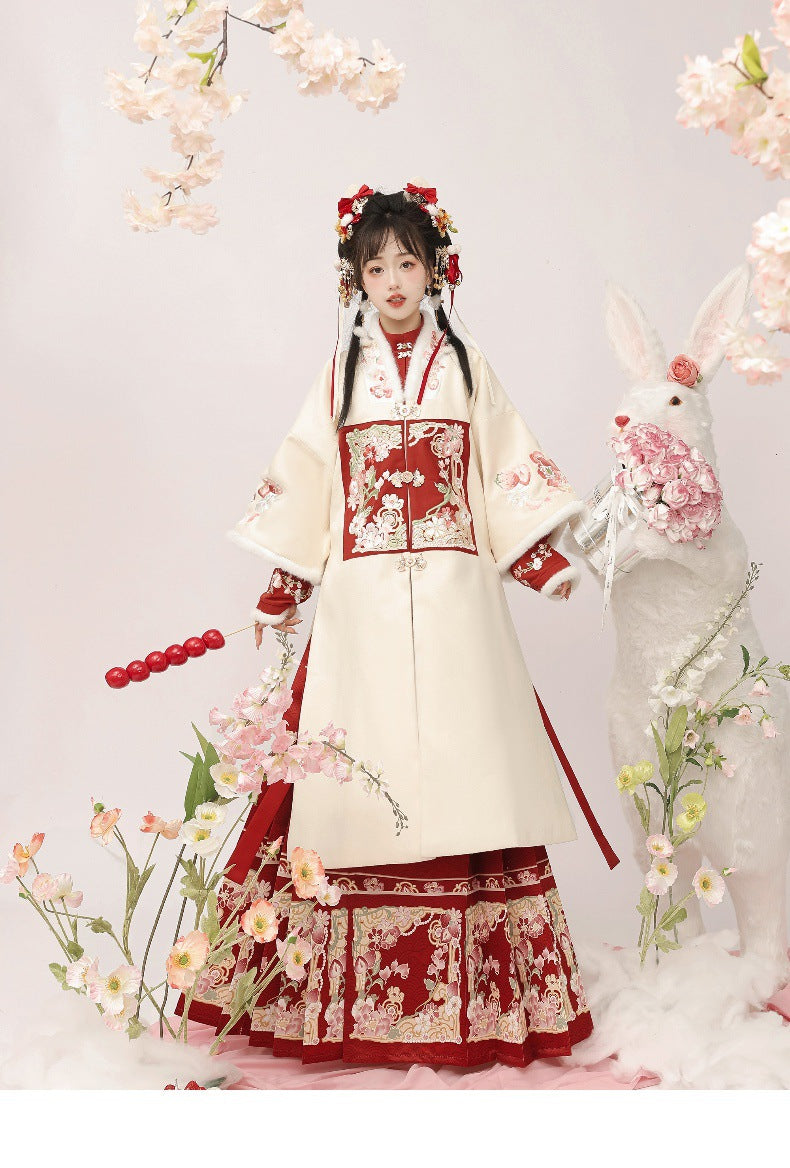 Traditional Red & White Chinese Hanfu with Embroidered Floral Design, Elegant Ancient Chinese Dress for Women