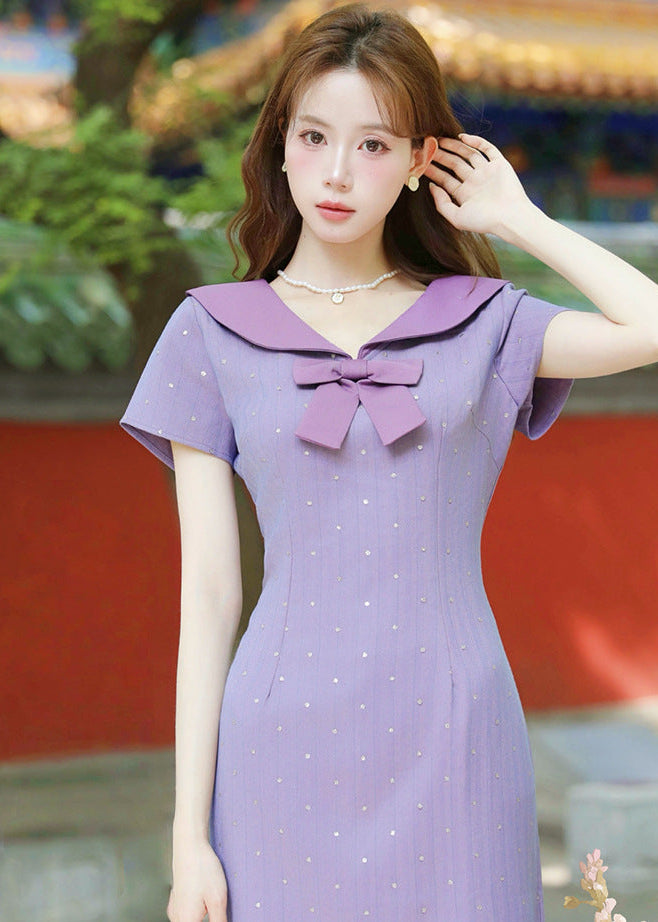 Purple Sailor Bow Midi Qipao Dress | Slim Side-Slit, Retro Sweet