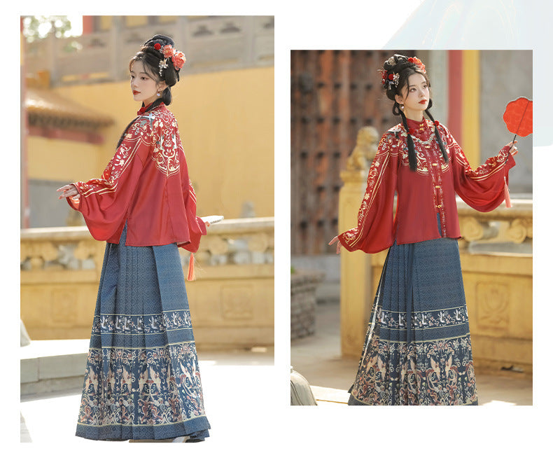 Elegant Red & Blue Traditional Hanfu Dress with Embroidered Phoenix Pattern