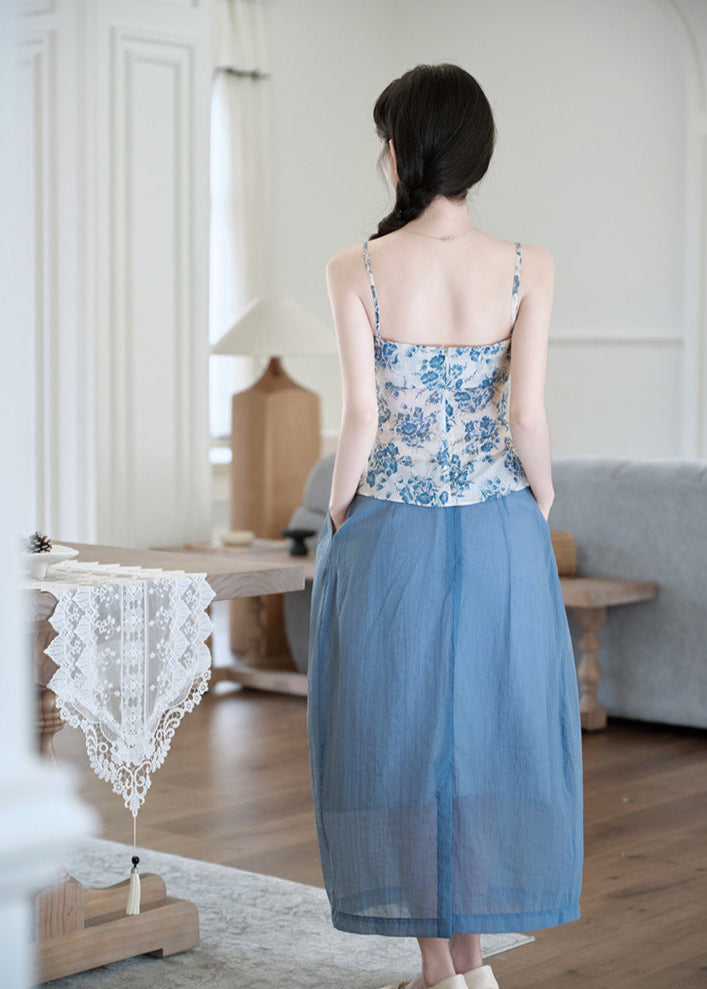 Chinese-Style Blue-and-White Camisole Set | Fresh Blue Sheer Midi Skirt
