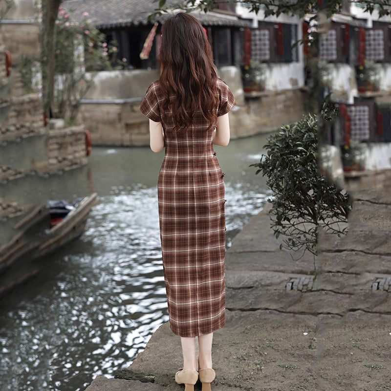 Elegant Plaid Cheongsam Dress Traditional Chinese Qipao for Women