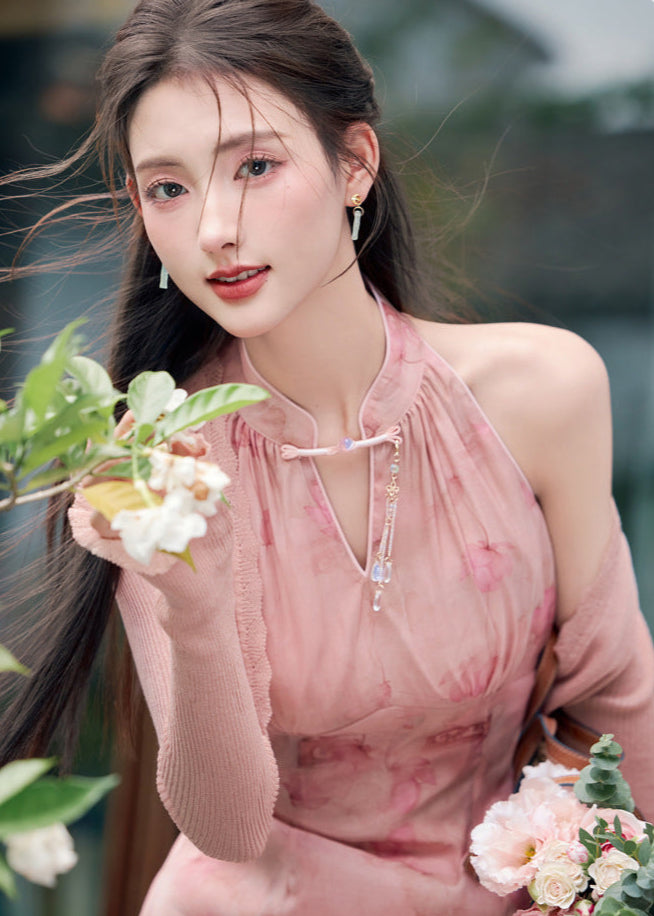 Chinese Style Pink Gradient Halter Cold-Shoulder Qipao Dress