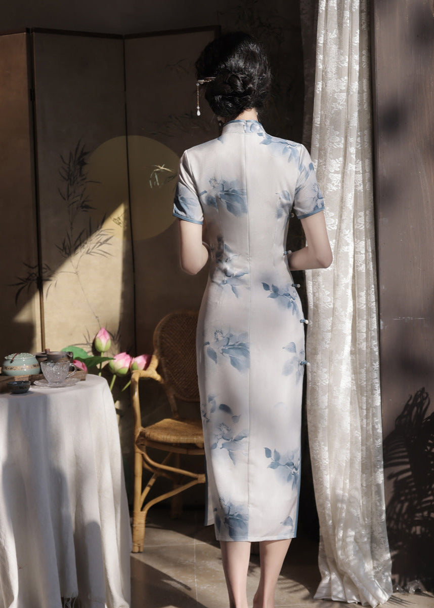 Ink-Print Slim Long Cheongsam | Mandarin Collar & Diagonal Placket & Side Slit