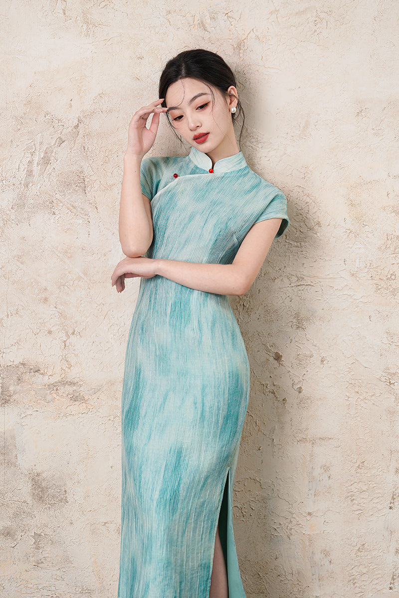 Half-Overlap Long Qipao | Cap-Sleeve Slim Mandarin Dress
