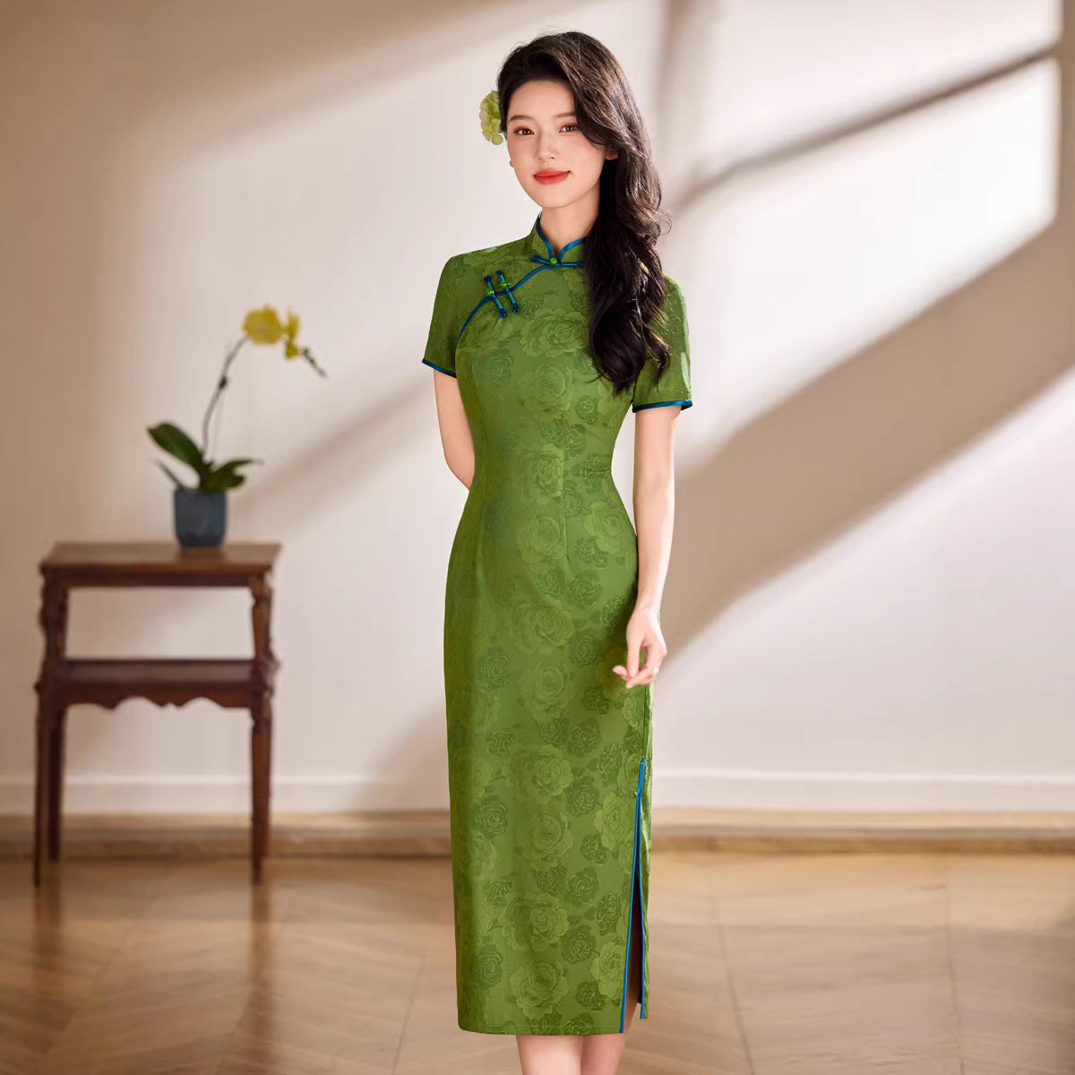 Jacquard Qipao Maxi Dress | Mandarin Collar Short Sleeve Slit Cheongsam Han Grace Jacquard Qipao Maxi Dress | Mandarin Collar Short Sleeve Slit Cheongsam Han Grace