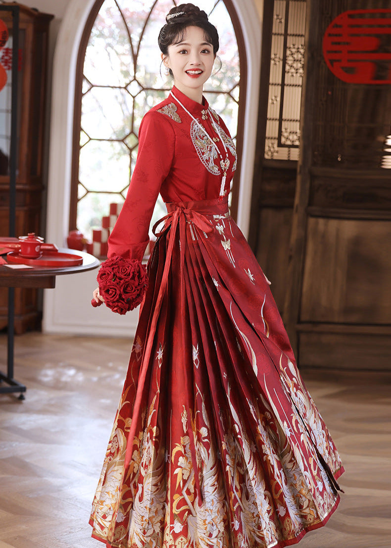 Red Mamianqun Bridal Toast Dress Set | Detachable Warm Cape