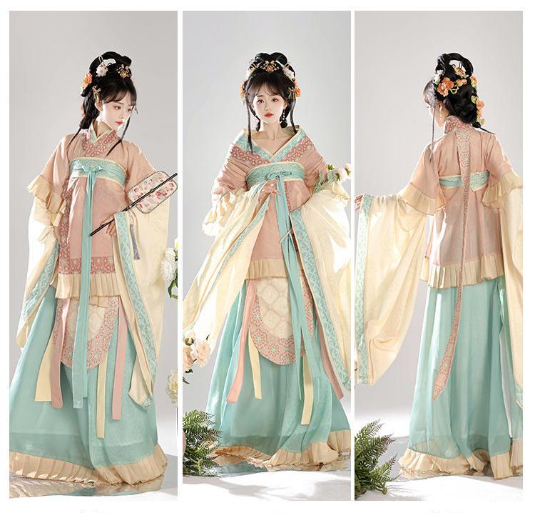 Traditional Hanfu Style Dress - Elegant Multi-layered Green and Pink Floral Gown for Women