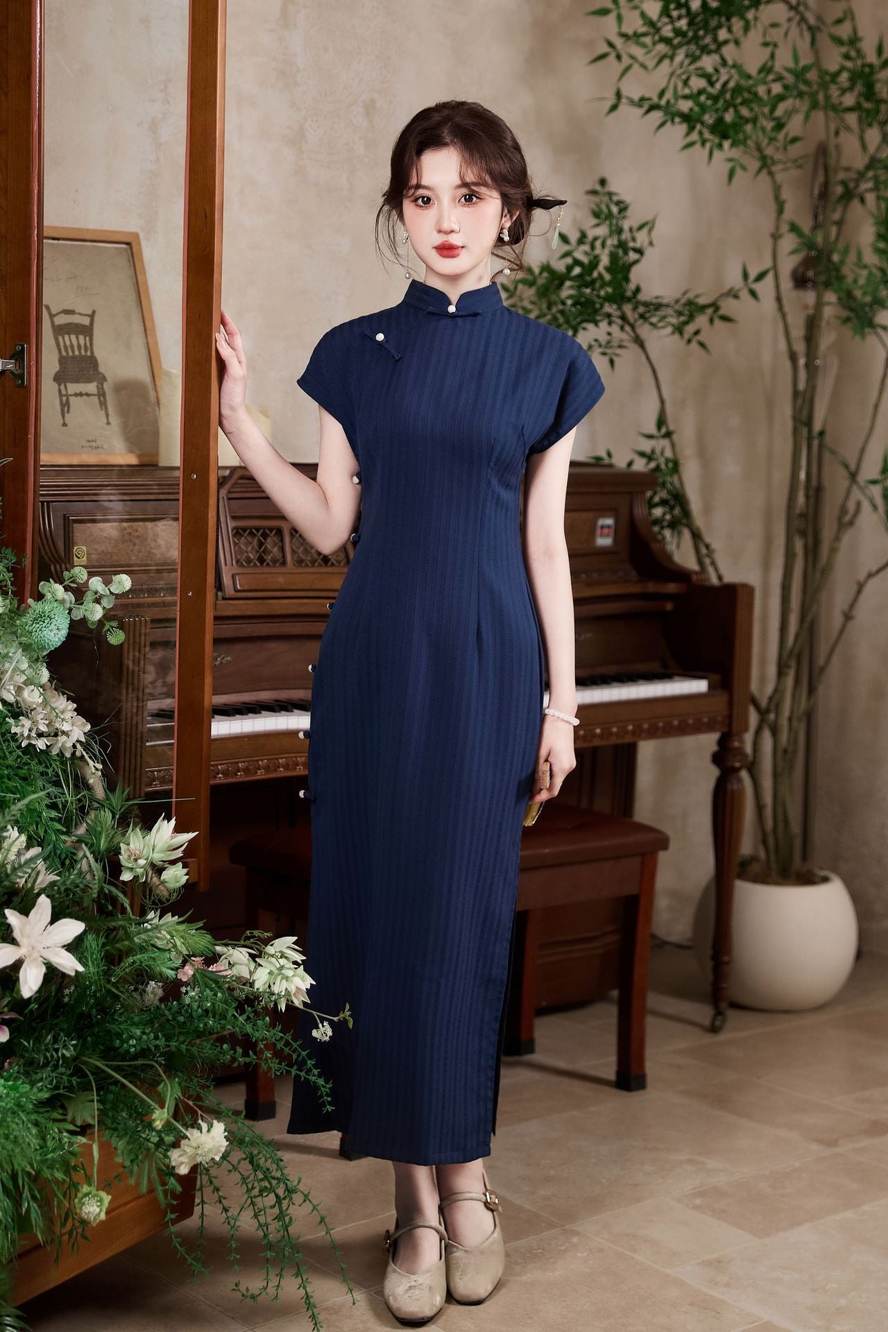 New Chinese Style Vintage Cheongsam Dress | Ribbed Slim Midi Mandarin