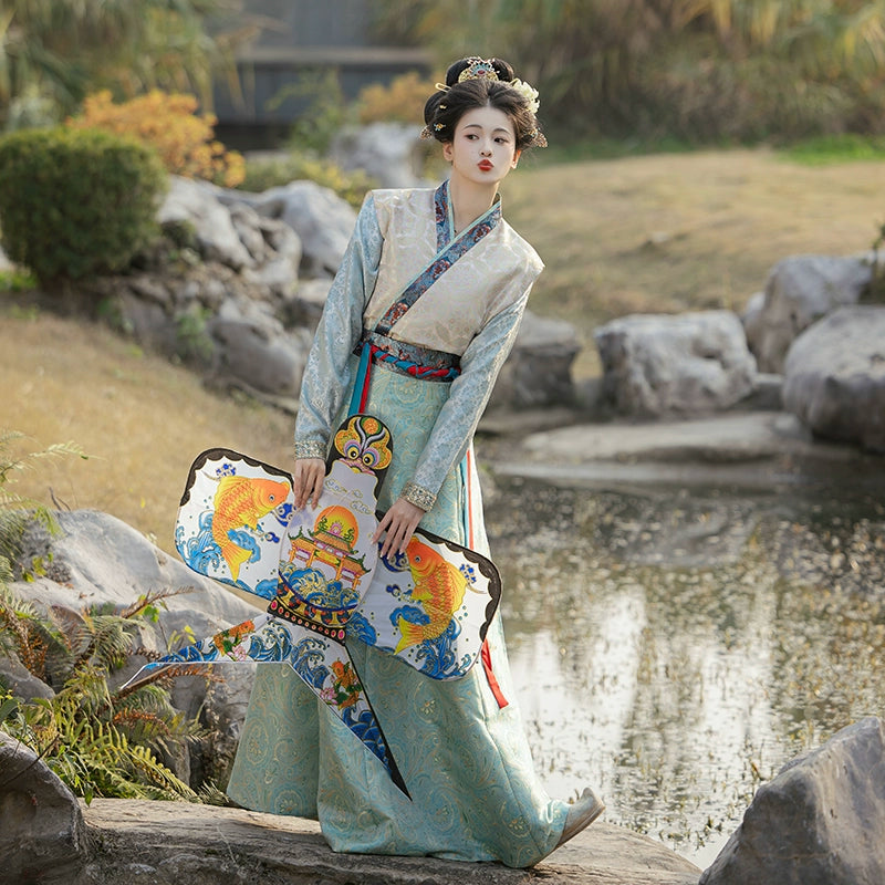 Traditional Tang Dynasty Hanfu Embroidered Dress with Colorful Ribbon Belt