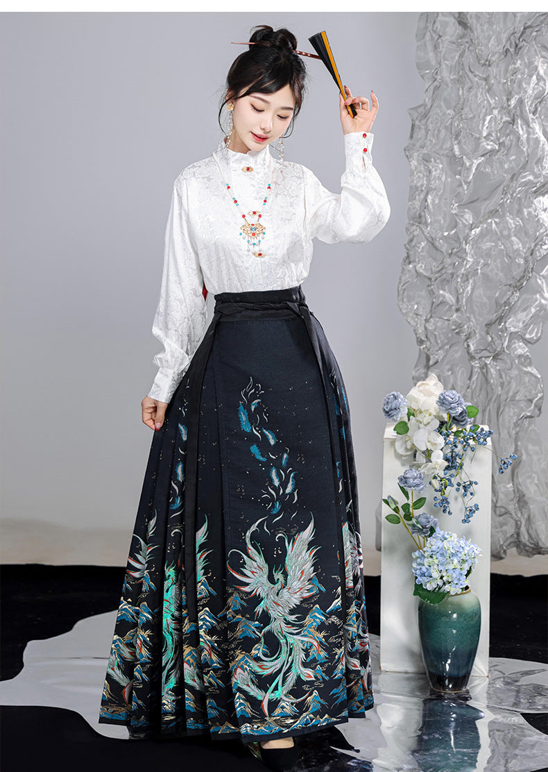 Elegant Phoenix Embroidered Hanfu Skirt Set– Traditional High-Waist Flowing Maxi