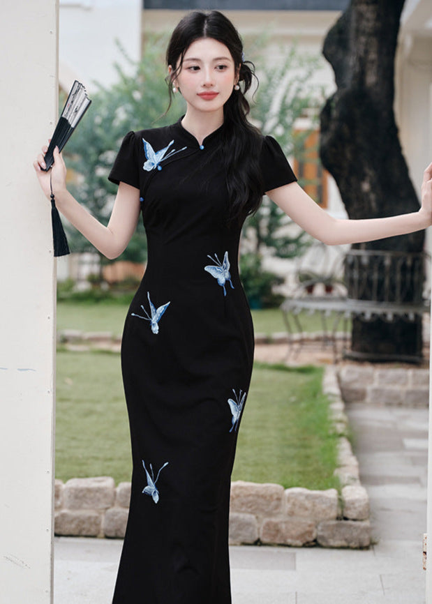 Black Butterfly Embroidered Slim Long Qipao | Side Slit