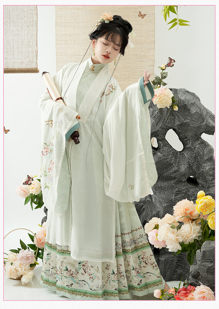 Traditional Hanfu Floral Embroidered Dress with Flowing Sleeves, Elegant Pastel Design, Perfect for Chinese Cultural Occasions