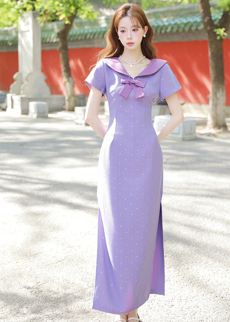 Purple Sailor Bow Midi Qipao Dress | Slim Side-Slit, Retro Sweet