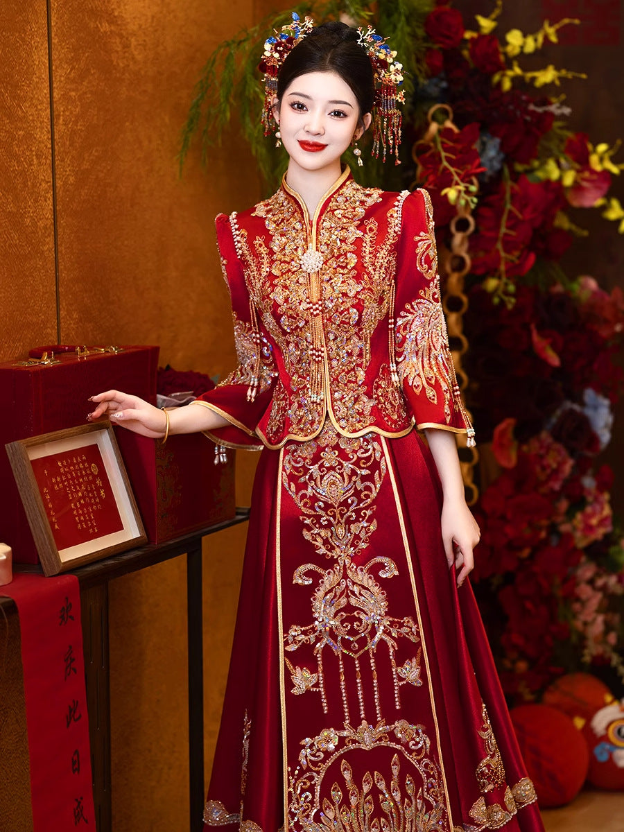 Chinese Satin Xiuhe Bridal Wedding Dress | Embroidered Gown