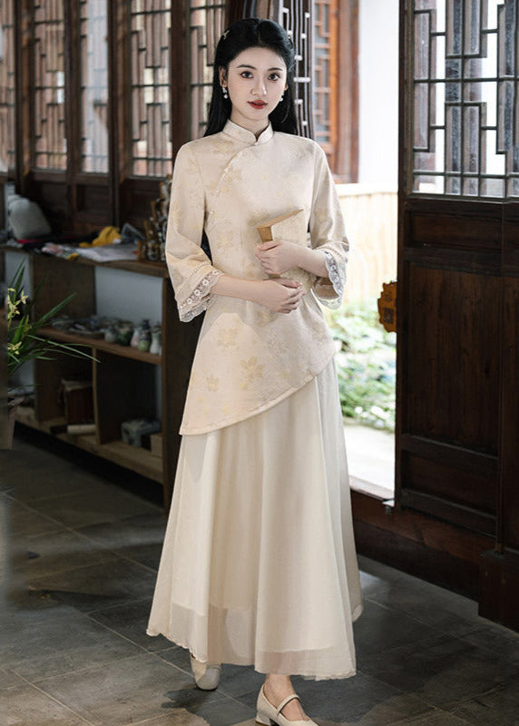 Modern Chinese Long-Sleeve Cinched Dress