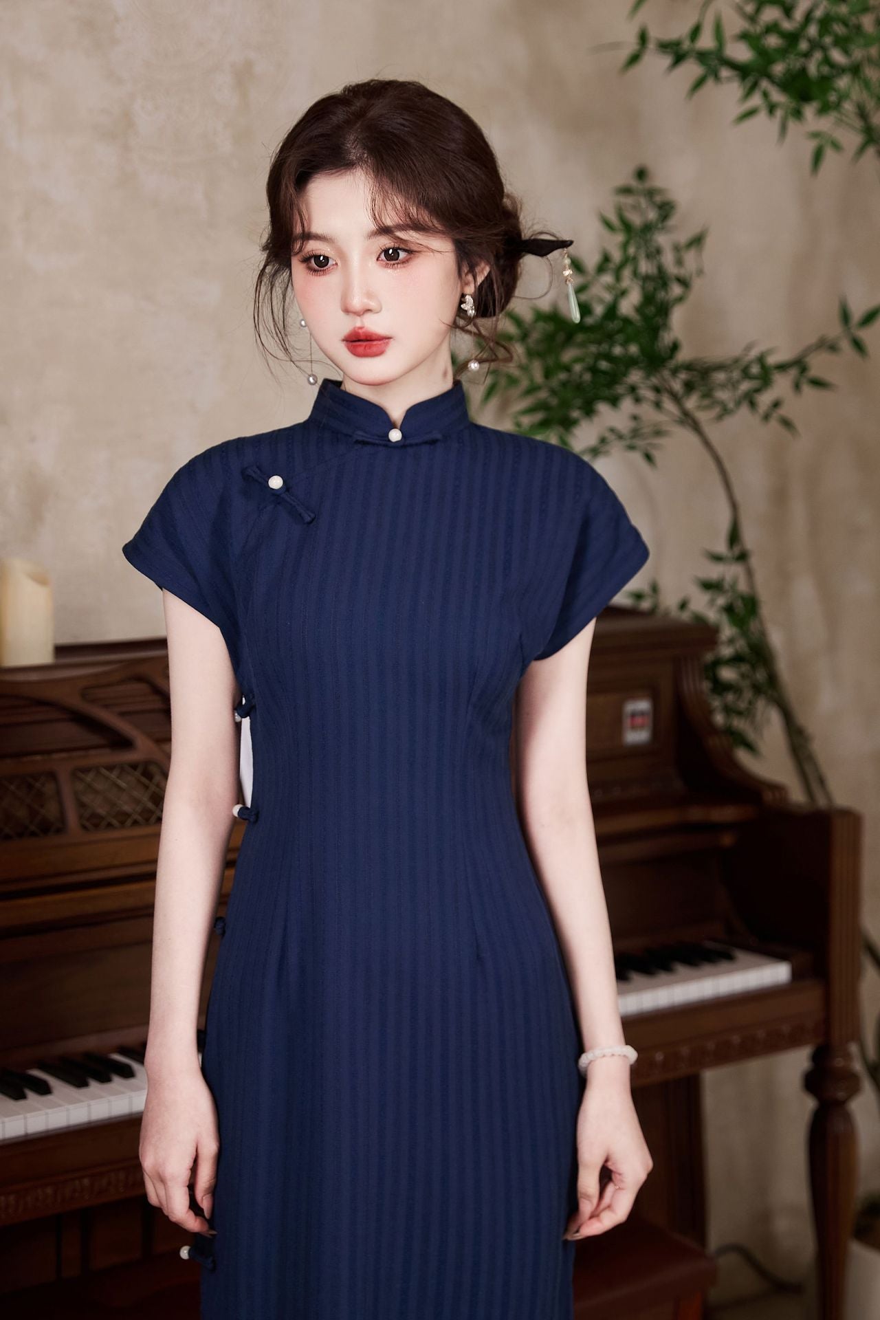 New Chinese Style Vintage Cheongsam Dress | Ribbed Slim Midi Mandarin