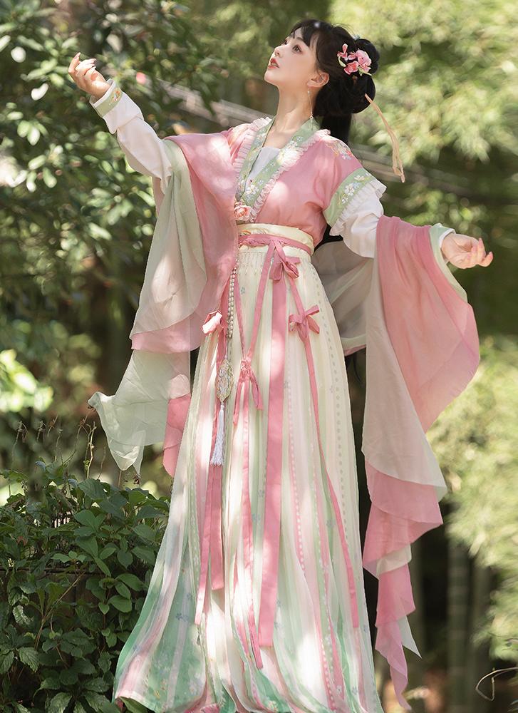 Elegant Tang Dynasty Hanfu Dress with Embroidered Floral Details and Flowing Sleeves