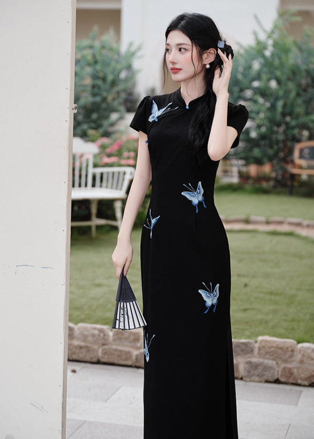 Black Butterfly Embroidered Slim Long Qipao | Side Slit