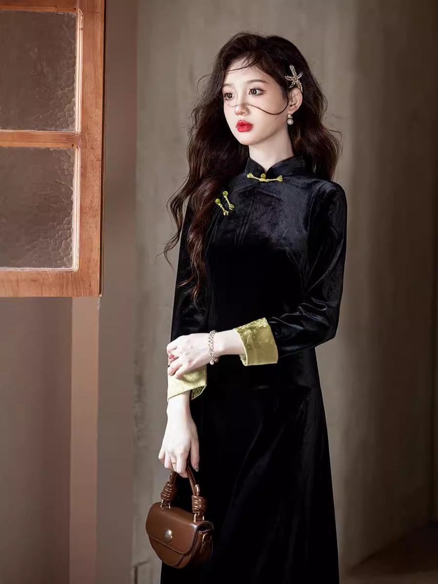 Black Cheongsam Dress with Yellow Collar – Elegant Chinese Traditional Dress